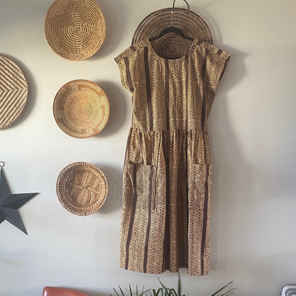Striped Brown Midi Dress with Pockets